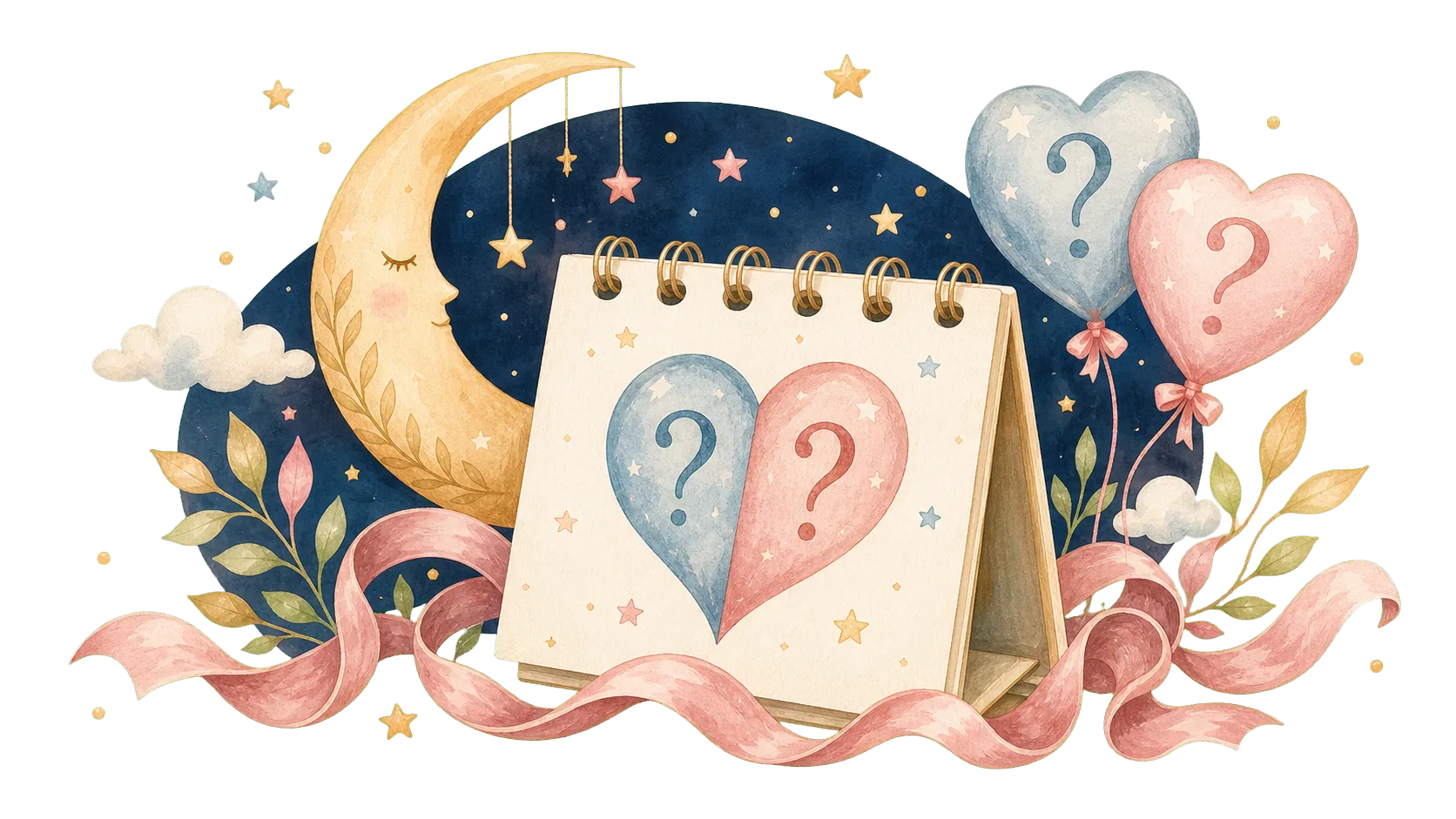 Watercolor baby gender prediction calendar with moon, stars, and heart balloons
